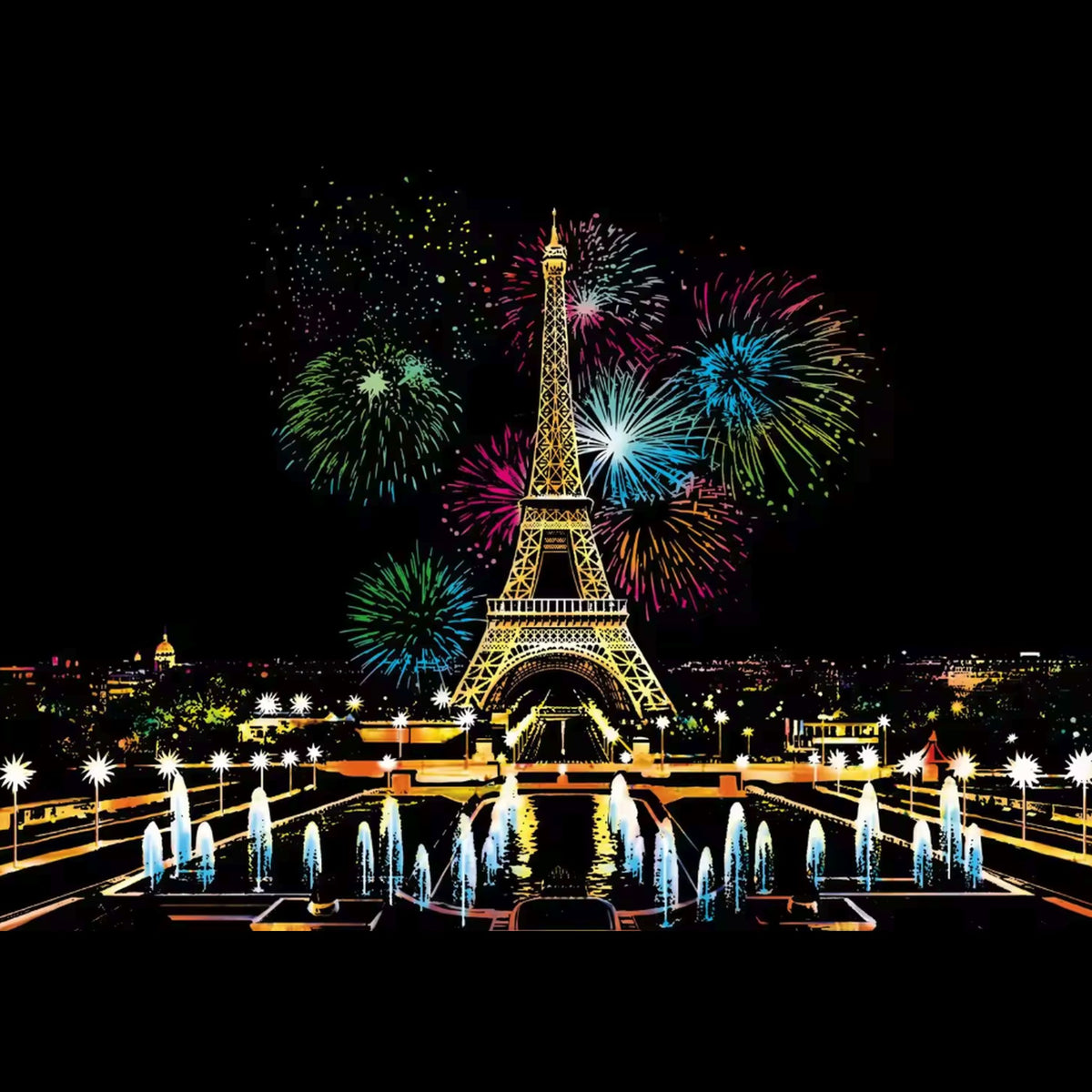 Lámina de scratch art: París con fuegos artificiales