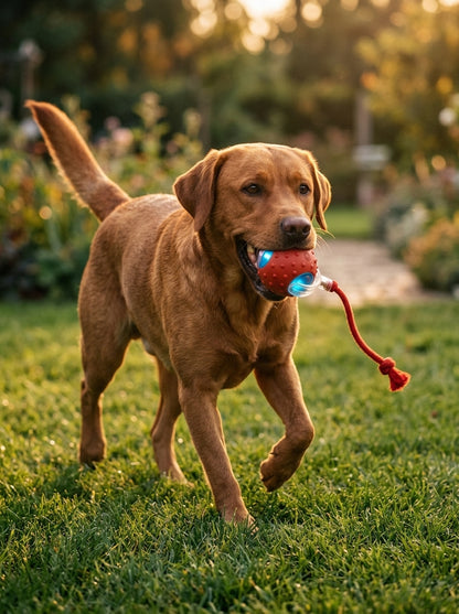 Labrador jugando con la pelota Sileenca Roll en el jardin