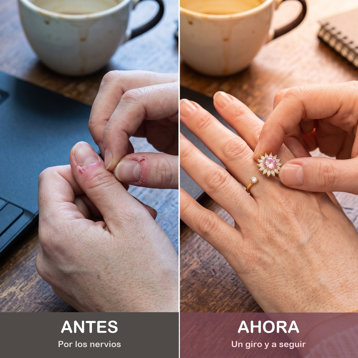 Antes y ahora: manos nerviosas y manos tranquilas con el anillo antiestrés